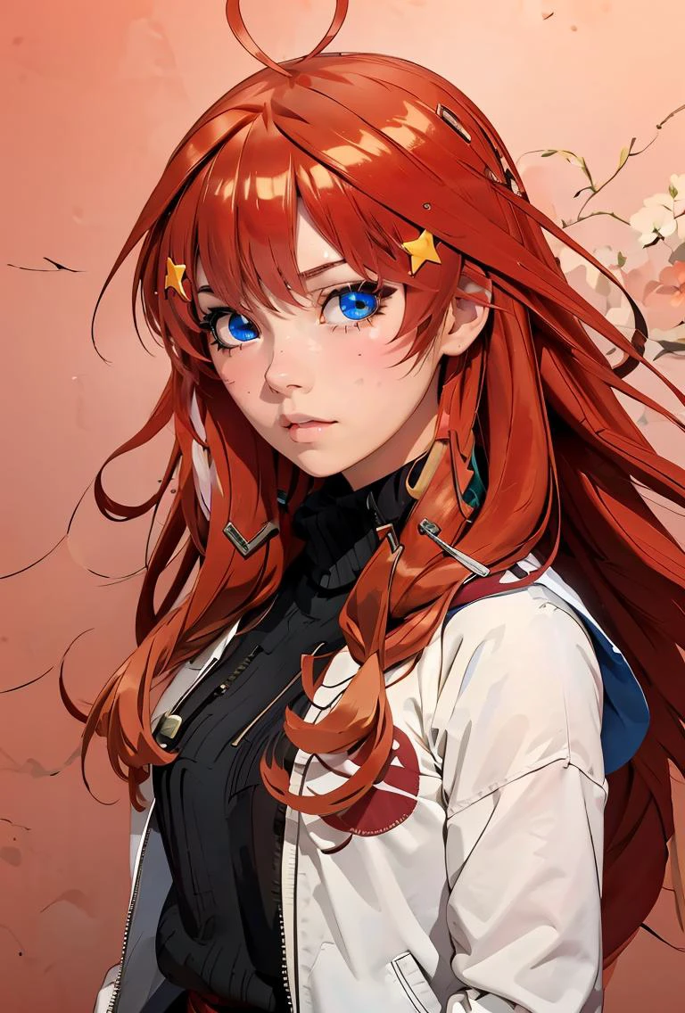 (masterpiece, best quality), 1girl, <lora:Nakano Itsuki:0.8> hair clip_blue eyes_ red hair_long hair_ahoge