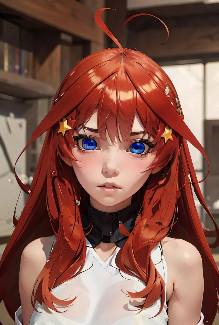 (masterpiece, best quality), 1girl, <lora:Nakano Itsuki:0.8> hair clip_blue eyes_ red hair_long hair_ahoge