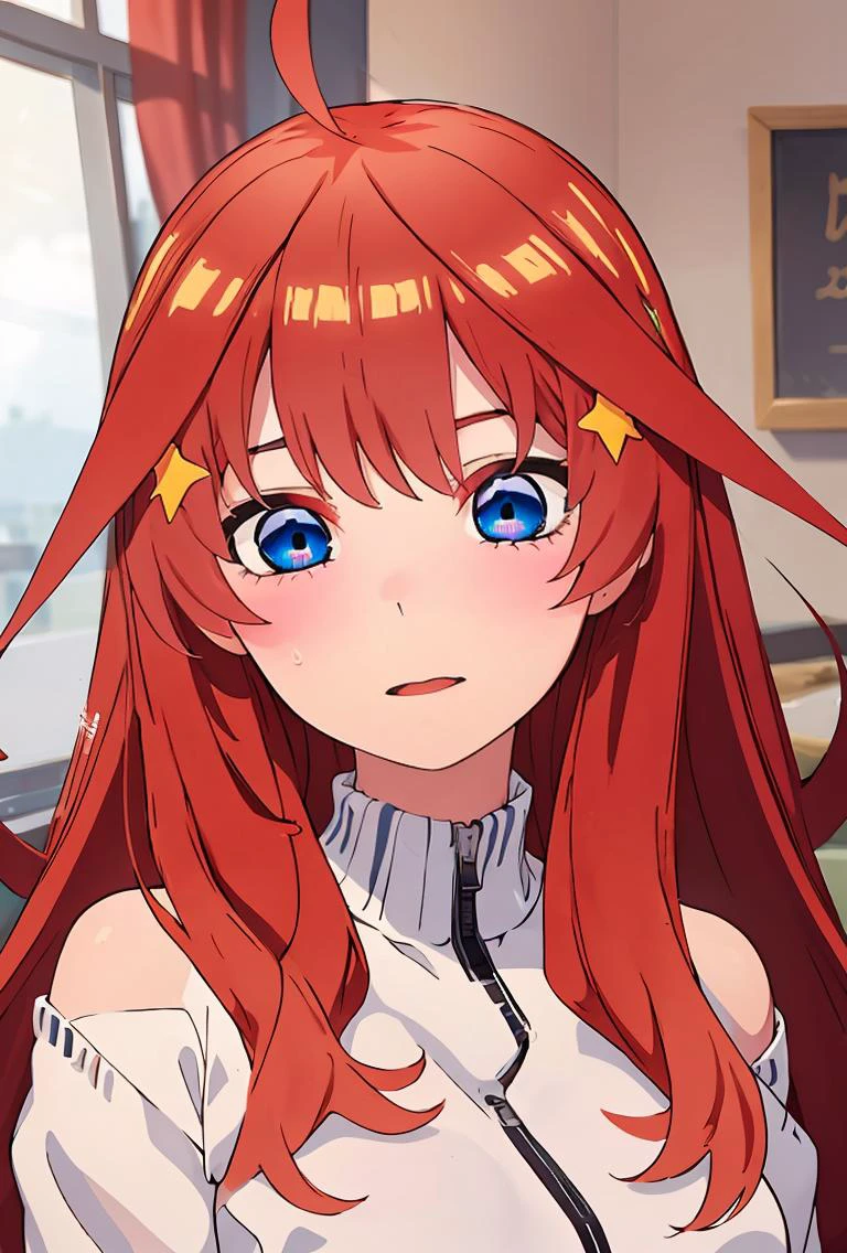 (masterpiece, best quality), 1girl, <lora:Nakano Itsuki:0.8> hair clip_blue eyes_ red hair_long hair_ahoge