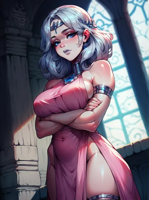 score_9,score_8_up,score_7_up,score_6_up,score_5_up,score_4_up rating_safe, indoors, dutch angle, arms crossed, blue eyes, vermilion hair, pink dress, thighlet, hair over breasts, silver lips, <lora:PicturdLycoXL:1>,