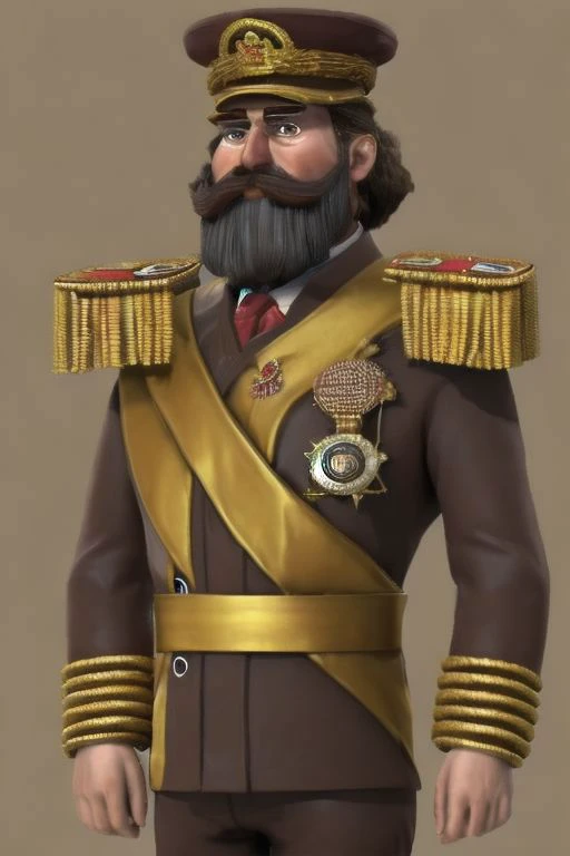 Man in brown Dictator uniform and Military cap. Has a gold Sash. Has a Brown beard. Has Red futuristic visors. civ 6 art style, leader art. 3D model.
