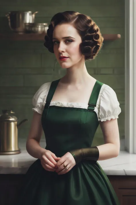 rbn wearing a milk maid dress, (green milk maid dress), (upright pin curl hairstyle), (dark hair), (kitchen background), elegant, highly detailed, digital painting, artstation, concept art, smooth, sharp focus, illustration, art by wlop, charlie bowater and alexandra fomina, <lyco:RachelBrosnahan-RealVision-V1.0:1.0>