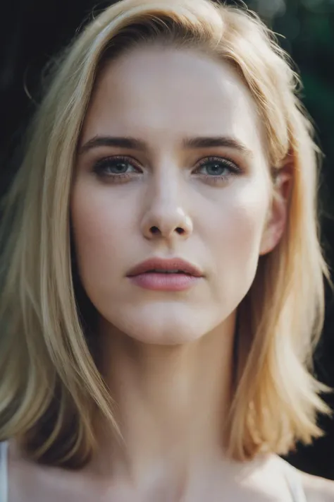 face shot of rbn, (serious look), (blonde medium length hair), (hand on chin), Photorealistic, Hyperrealistic, Hyperdetailed, analog style, hip cocked, demure, detailed skin, matte skin, soft lighting, subsurface scattering, realistic, heavy shadow, masterpiece, best quality, ultra realistic, 8k, golden ratio, Intricate, High Detail, film photography, soft focus, detailed skin texture, (blush:0.5), (goosebumps:0.5), subsurface scattering, <lyco:RachelBrosnahan-RealVision-V1.0:1.0>