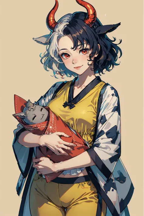 (masterpiece, best quality:1.2), <lora:touhou_ushizaki-09:1>, cowboy shot, solo, 1girl, ushizaki urumi, cow girl, smile, looking at viewer, holding, red cow horns, cow print, japanese clothes, haori, yellow shorts, simple background