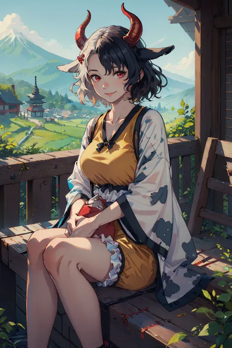 (masterpiece, best quality:1.2), <lora:touhou_ushizaki-09:1>, solo, 1girl, ushizaki urumi, cow girl, smile, looking at viewer, sitting, red cow horns, cow print, japanese clothes, shorts
