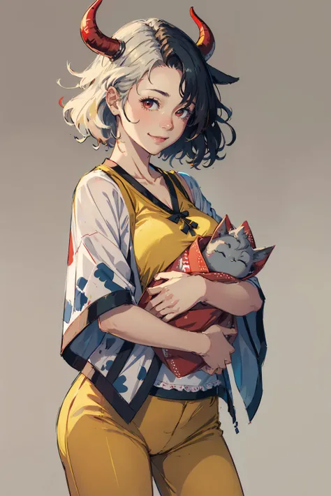 (masterpiece, best quality:1.2), <lora:touhou_ushizaki-09:1>, cowboy shot, solo, 1girl, ushizaki urumi, cow girl, smile, looking at viewer, holding, red cow horns, cow print, japanese clothes, haori, yellow shorts, simple background