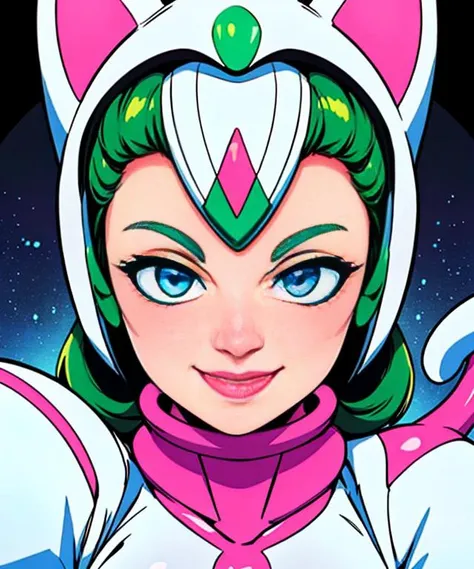 KittyN, blue eyes, white and pink bodysuit, tail, ((white helmet)) helmet with cat ears, green hair under helmet, white gloves and boots, smiling, ((solo)), upper body,
(insanely detailed, beautiful detailed face, masterpiece, best quality) , <lora:Kitty-N-10:0.7>