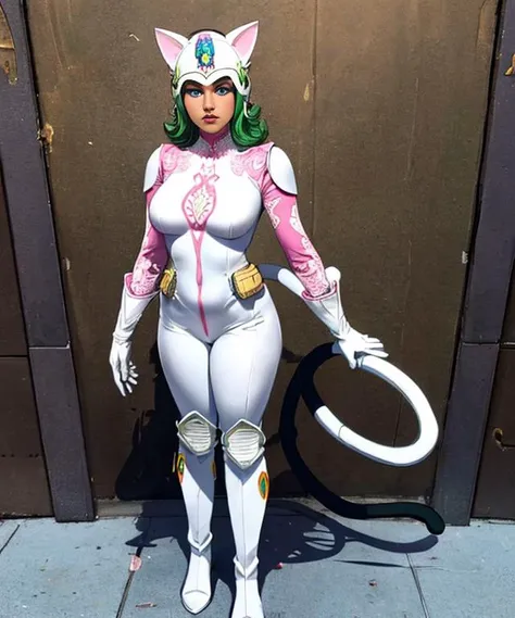 KittyN, blue eyes, white and pink bodysuit, tail, ((white helmet)) helmet with cat ears, green hair under helmet, white gloves and boots, standing, posing,
(insanely detailed, beautiful detailed face, masterpiece, best quality) intricate details, <lora:Kitty-N-10:0.7>