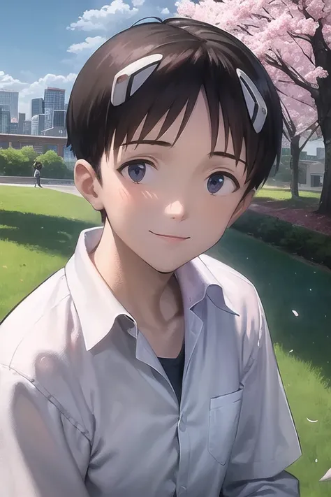 masterpiece, best quality, (1boy:1.4), ikarishinji, white shirt, interface headset, male focus, looking at viewer, light smile, city park, petals, (cherry blossoms), grass, sky, upper body, close-up