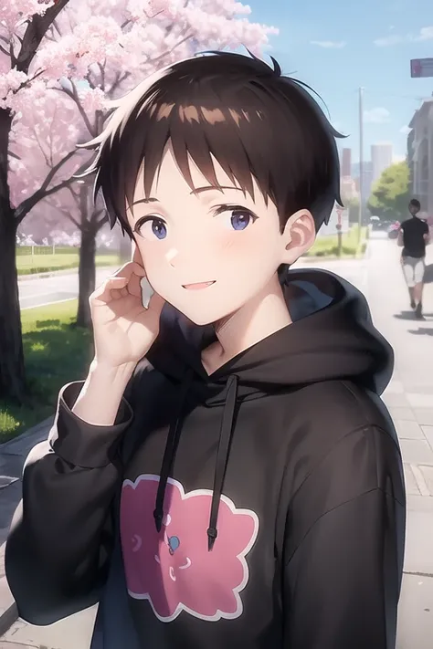 masterpiece, best quality, (1boy:1.4), ikarishinji, black hoodie, male focus, looking at viewer, shy, light smile, city park, cherry blossoms, upper body