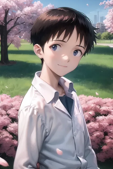 masterpiece, best quality, (1boy:1.4), ikarishinji, white shirt, male focus, looking at viewer, light smile, city park, petals, (cherry blossoms), grass, sky, upper body, close-up