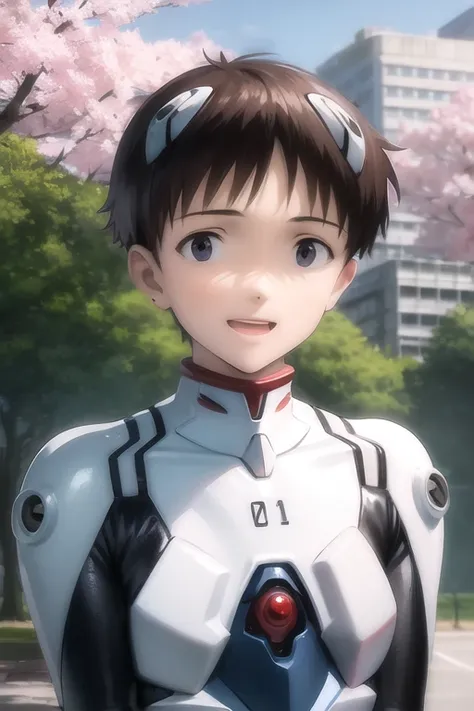 masterpiece, best quality, (1boy:1.4), ikarishinji, eva01plugsuit, interface headset, male focus, looking at viewer, shy, open mouth,  light smile, city park, cherry blossoms, upper body