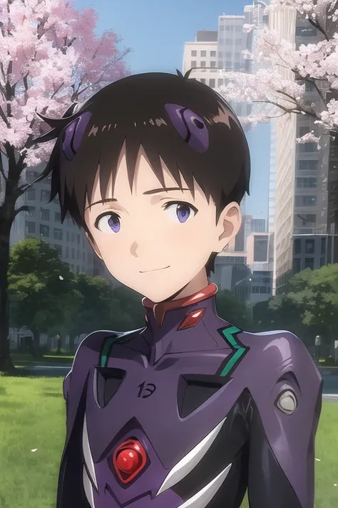 masterpiece, best quality, (1boy:1.4), ikarishinji, eva13plugsuit, interface headset, male focus, looking at viewer, shy, light smile, city park, cherry blossoms, upper body