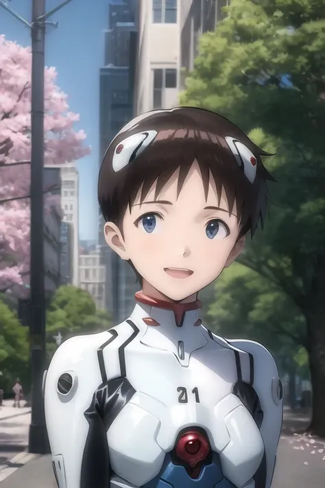 masterpiece, best quality, (1boy:1.4), ikarishinji, eva01plugsuit, interface headset, male focus, looking at viewer, shy, open mouth,  light smile, city park, cherry blossoms, upper body