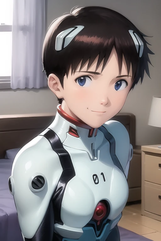 masterpiece, best quality, (1boy:1.4), ikarishinji, eva01plugsuit, interface headset, male focus, looking at viewer, shy, light smile, bedroom, upper body, close-up