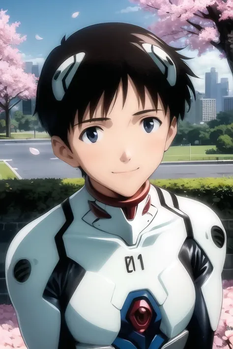 masterpiece, best quality, (1boy:1.4), ikarishinji, (eva01plugsuit:1.1), interface headset, male focus, looking at viewer, light smile, close-up, city park, petals, (cherry blossoms), grass, sky, upper body
