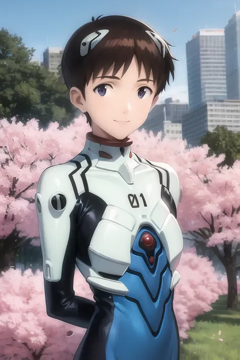 masterpiece, best quality, (1boy:1.4), ikarishinji, eva01plugsuit, interface headset, male focus, looking at viewer, light smile, city park, petals, (cherry blossoms), grass, sky, upper body, arms behind back