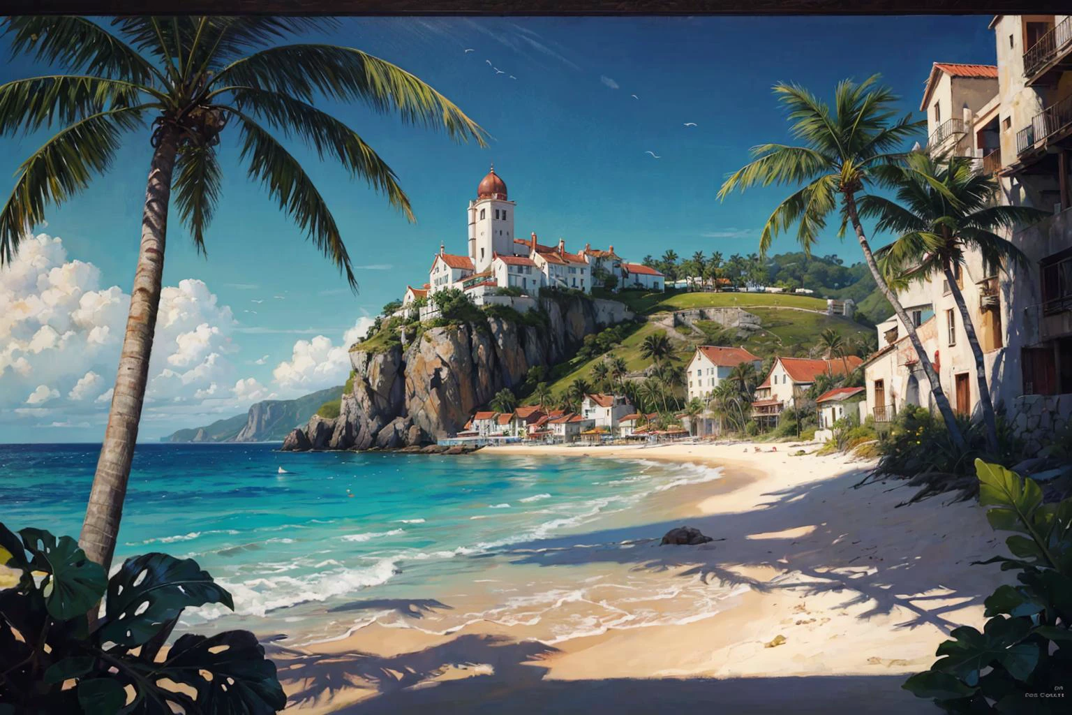 illustration of a medieval fantasy fishing village on the beach, calm ocean, beautiful sunlight, palm trees, beautiful lights, celebration, far away view, best quality, masterpiece, intricate details, (surreal), (illustration), ((oil painting \(medium\)))