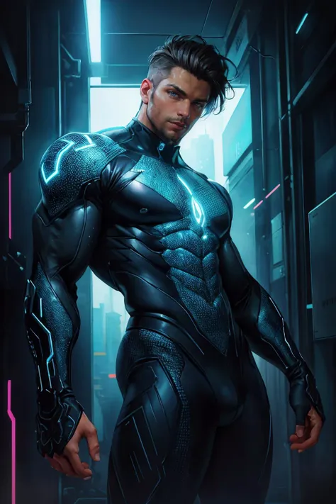 30 years old man, stubble, wearing transparent see-through futuristic clothes, breathtaking grandeur, LED internal lighting, cyberpunk style, fibre optic hair, glowing blue iris, muscular, best quality, masterpiece, intricate details, dynamic pose, dynamic angle, (surreal), (illustration), ((oil painting \(medium\):1.2)), sharp focus, soft lighting, vibrant colors, cinematic photography, dynamic angle, volumetric lighting, film grain, hard shadows