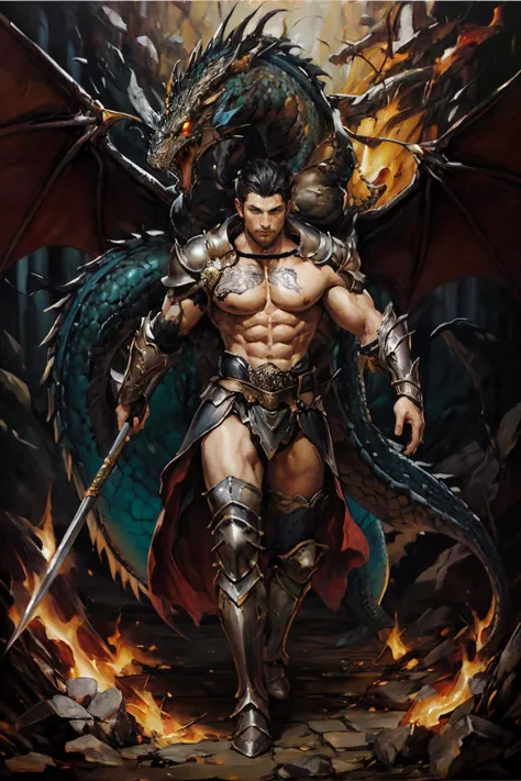 a dragon rider, muscular, wearing dragoon armor, holding spear, best quality, masterpiece, intricate details, dynamic pose, dynamic angle, (surreal), (illustration), ((oil painting \(medium\):1.2))