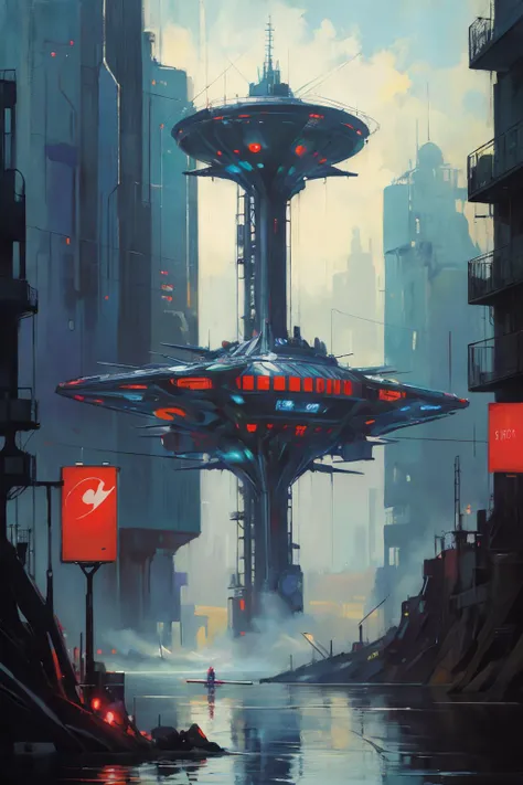 illustration of a cyberpunk starship landing over a lake, science fiction art, best quality, masterpiece, intricate details, (surreal), (illustration), ((oil painting \(medium\)))