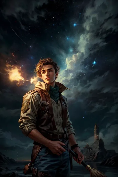 a profesional picture of 1man Lucian "Stargazer": A young astronomer with eyes like distant galaxies and a mop of windblown brown hair. He spends his nights perched atop the highest tower, his telescope pointed towards the heavens, lost in the wonder of the cosmos. His gentle smile reflects his childlike curiosity, always seeking to unlock the secrets of the universe. His nights are filled with calculations and star charts, his days with lectures and debates, sharing his passion for the vast unknown with all who will listen. BREAK, realistic, perfect quality, best quality, ultrasharp, ultradetailed, perfect quality, masterpiece, intricated details, <lora:add_detail:0.4>, punk, <hypernet:sxzBloom_sxzBloom:0.3>, <lora:splashes_v.1.1:0.5> Splash, splashes, splashing, explosion, exploding <lora:Smoke:0.3> smoke, smokkk, colorfull cyan, hotify, vivid colors
