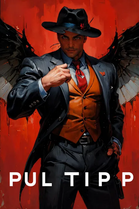 noir detective, wearing suit and hat, pulp cover art, pulp magazine cover, muscular, (text), simple red background, best quality, masterpiece, intricate details, dynamic pose, dynamic angle, (surreal), (illustration), ((oil painting \(medium\):1.2))