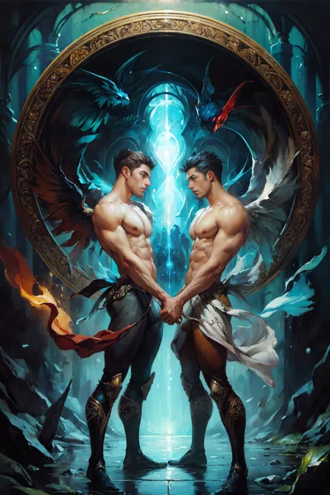 illustration of two men in front of a magical portal to a new world, 2boys, gay couple, fantasy art, best quality, masterpiece, intricate details, (surreal), (illustration), ((oil painting \(medium\))), dynamic pose, dynamic angle