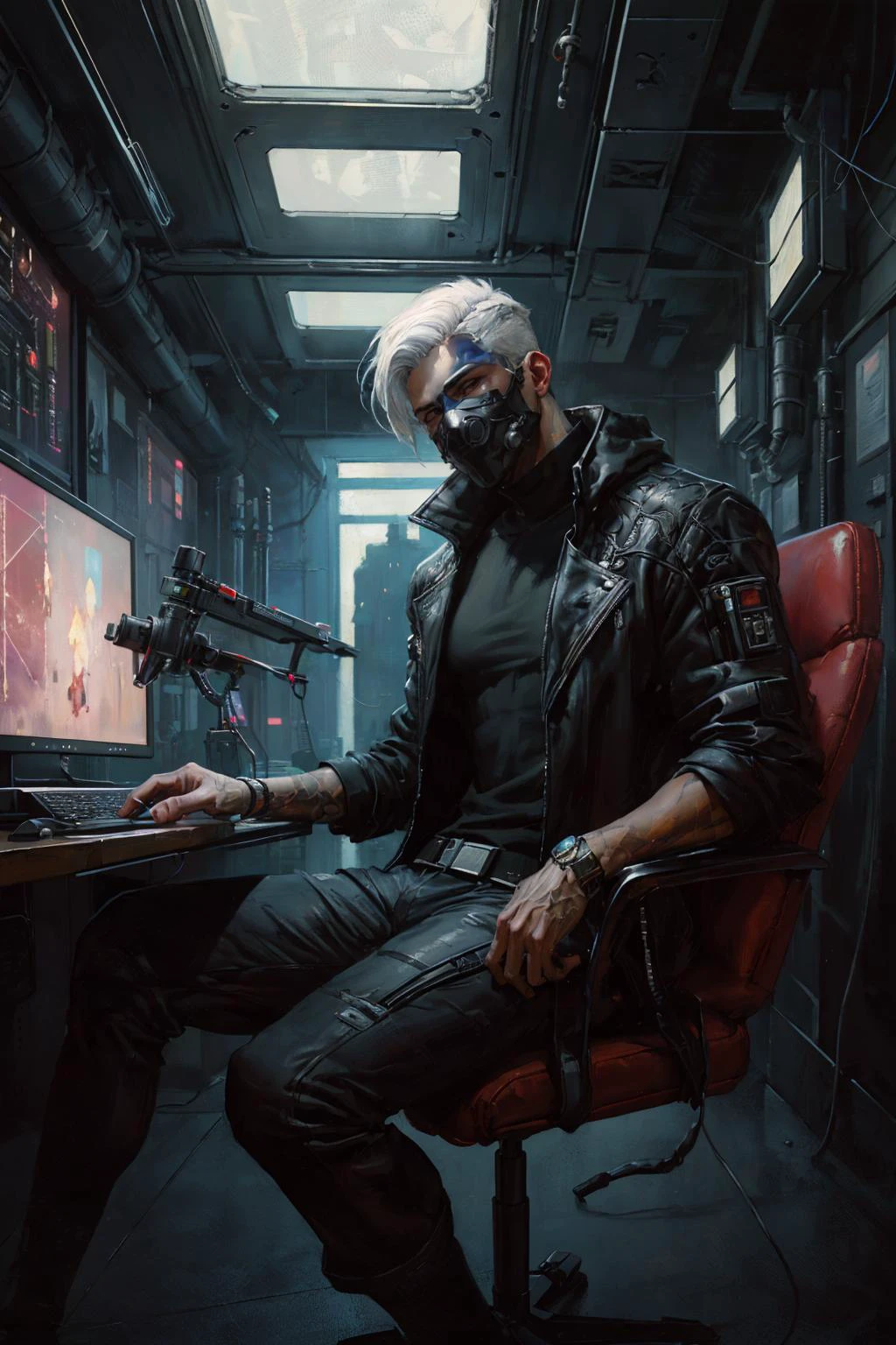 a male Hacker Sitting On A Chair In Front Of His Desktop Pc, half Mask, Outfit, Black And White Hair, Serious Fashion Style, cyberpunk Style, Short Hair, science fiction, futuristic interior, close up, masterpiece, intricate details, (surreal), ((oil painting \(medium\))), fantasy art, concept art, by greg rutkowski