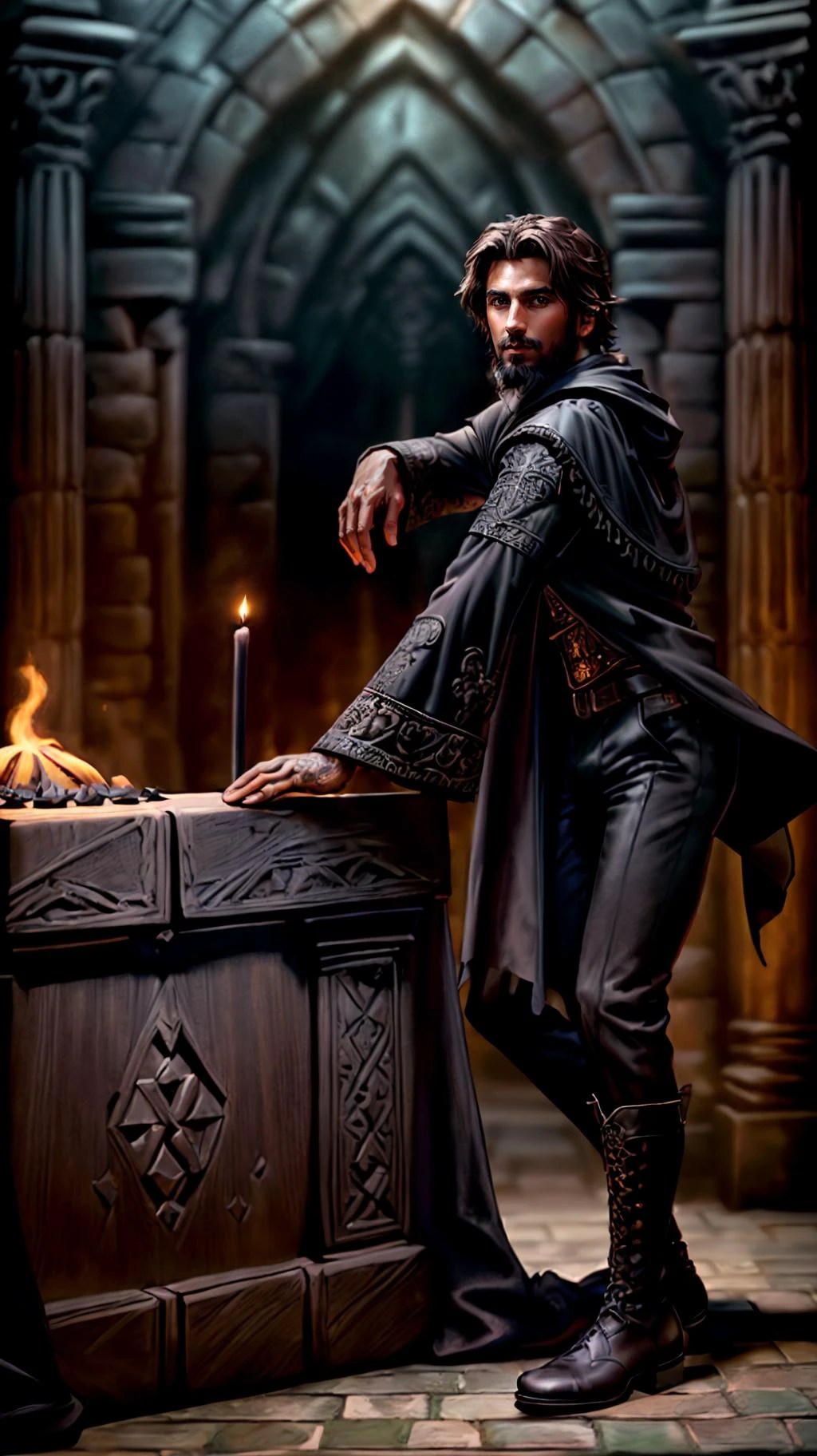 <lora:miguel_bojorquez:1>,as a gothic vampire sorcerer magician,
(((ultra-detailed elegant perfect face))),(jewelry),caramel brown skin,(((intricately detailed black robe))),(((ornate black cotton shirt))),(((full beard))),(((perfect hands))),((deep brown eyes)),((short dark brown hair))((black boots))((black pants)),
(((ancient tomb on background))),
rugged pose,magical atmosphere,(full body),(detailed skin, skin texture),(intricately detailed, fine details, skin texture),
High detail RAW color art,photorealistic,raytracing,subsurface scattering,diffused soft lighting,shallow depth of field,by (Oliver Wetter),by Leonardo da Vinci,photographed on a Canon EOS R5,28mm lens,F/2.8,sharp focus bokeh,
<lora:detail_slider_v4:0.7>,<lora:more_details:0.7>,<lora:epi_noiseoffset2(Better contrast dark images):0.2>,<lora:SnxilluminateV2:0.3>,