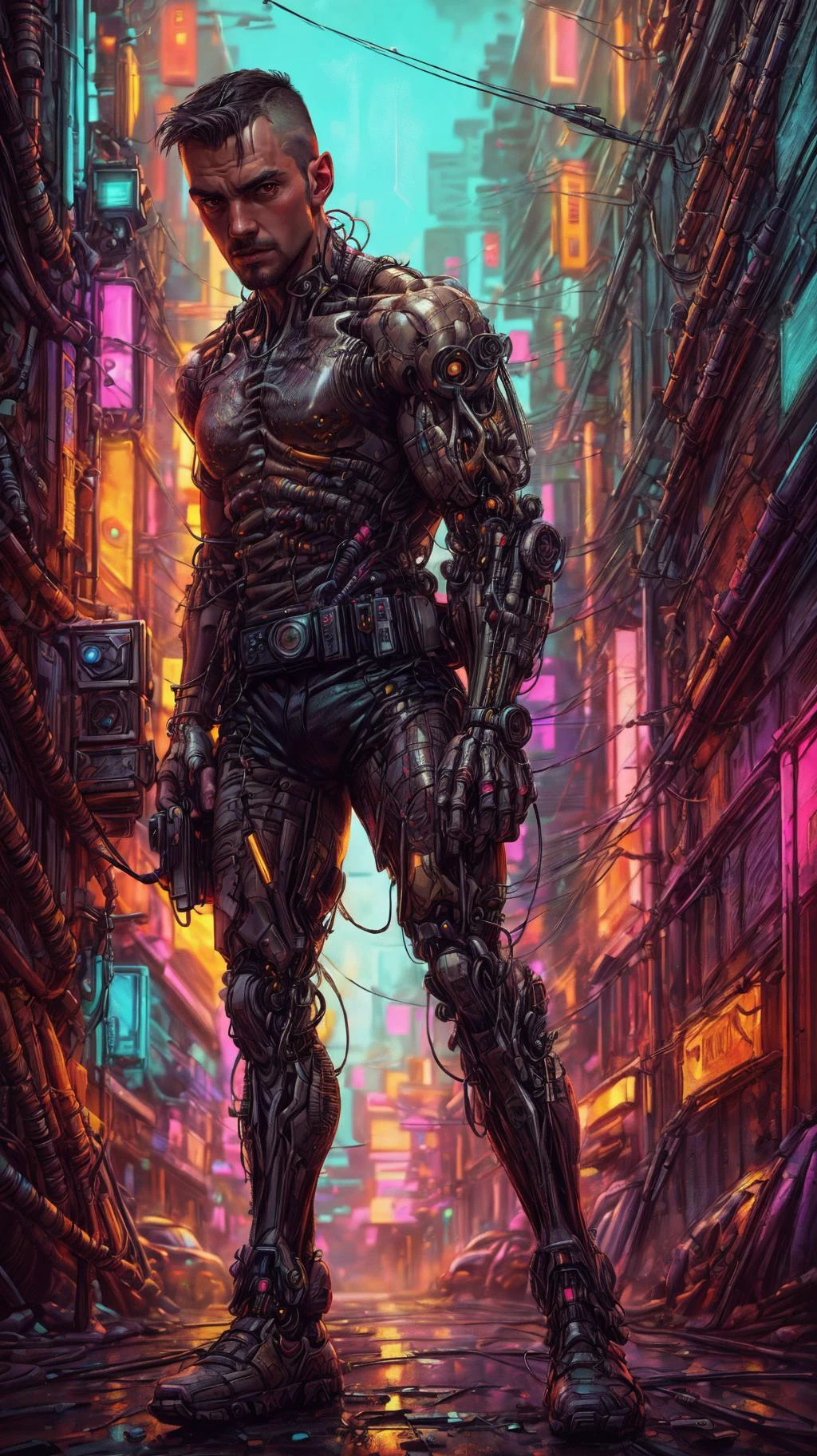 (GS-Masculine:1.3),<lora:miguel_bojorquez:1>,as a masculine male Combat Cyborg Predator with a short military style buzz-cut,Cyberpunk,transparent neck,robotic parts,cyberpunk,brown eyes,full face visible,"Blade Runner",hyper-realistic. Rugged cinematic impressionistic picture. Cyberpunk,neon,Dark dramatic character,in the style of Jeremy Mann and Charles Dana Gibson,Mark Demsteader,Paul Headley.,haze,ultra detail,film photography,light leaks,Larry Bad Melman,artstation trends,sharp focus,studio photography,intricate details,highly detailed,Greg Rutkowski,<lora:xl_more_art-full_v1:1>,<lora:Clothing - ChemPunk Armor:0.4>,<lora:CyberPunkAI:0.5>,<lora:epi_noiseoffset2(Better contrast dark images):0.5>,<lora:SnxilluminateV2:0.4>,<lora:detail_slider_v4:1>,<lora:more_details:1>,