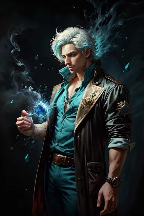 a profesional picture of 1man Dr. Alistair "Cogsworth": A genius inventor with mismatched eyes (one sapphire blue, the other a whirring mechanical contraption) and an unruly shock of white hair. His lab coat, permanently stained with strange concoctions, hides countless gadgets and tools. His mind races with clockwork precision, constantly tinkering and innovating. A gentle soul despite his eccentric appearance, he seeks to improve the world with his inventions, often with humorous (and sometimes explosive) results. BREAK, realistic, perfect quality, best quality, ultrasharp, ultradetailed, perfect quality, masterpiece, intricated details, <lora:add_detail:0.4>, punk, <hypernet:sxzBloom_sxzBloom:0.3>, <lora:splashes_v.1.1:0.5> Splash, splashes, splashing, explosion, exploding <lora:Smoke:0.3> smoke, smokkk, colorfull cyan, hotify, vivid colors