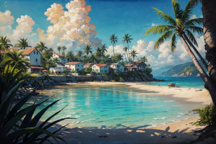 illustration of a medieval fantasy fishing village on the beach, calm ocean, beautiful sunlight, palm trees, beautiful lights, celebration, far away view, best quality, masterpiece, intricate details, (surreal), (illustration), ((oil painting \(medium\)))