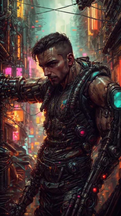 (masterpiece) highly detailed RAW, a post-apocalyptic man, cyberpunk city themed rainbow vivid, hassanfantasy style, by Jeremy Mann and Donato Giancola ultra realistic highly detailed intricate photorealistic, muscular