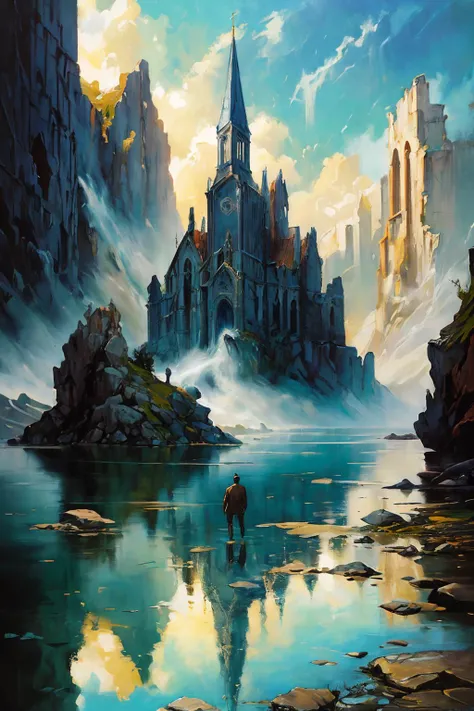 a painting of a ruins of an ancient church on a mountain side by a lake with a reflection of it in the water, Christophe Vacher, a detailed matte painting, fantasy art, a man walking in the distance, best quality, masterpiece, intricate details, dynamic pose, dynamic angle, (surreal), (illustration), ((oil painting \(medium\):1.2))