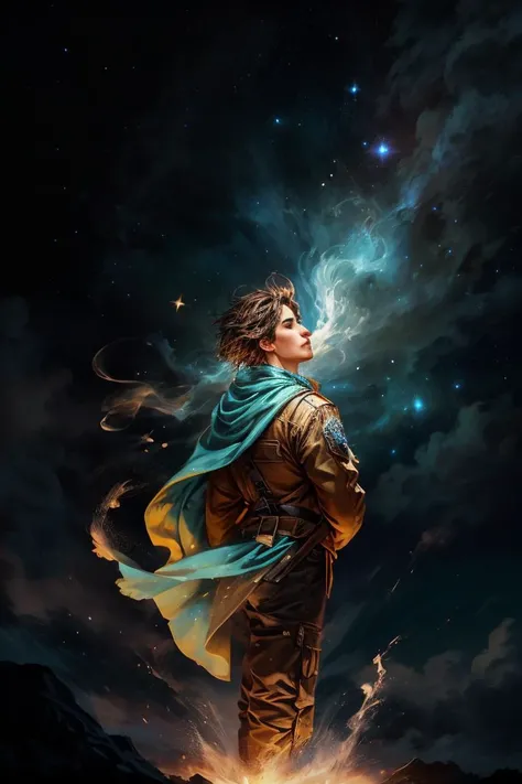 a profesional picture of 1man Lucian "Stargazer": A young astronomer with eyes like distant galaxies and a mop of windblown brown hair. He spends his nights perched atop the highest tower, his telescope pointed towards the heavens, lost in the wonder of the cosmos. His gentle smile reflects his childlike curiosity, always seeking to unlock the secrets of the universe. His nights are filled with calculations and star charts, his days with lectures and debates, sharing his passion for the vast unknown with all who will listen. BREAK, realistic, perfect quality, best quality, ultrasharp, ultradetailed, perfect quality, masterpiece, intricated details, <lora:add_detail:0.4>, punk, <hypernet:sxzBloom_sxzBloom:0.3>, <lora:splashes_v.1.1:0.5> Splash, splashes, splashing, explosion, exploding <lora:Smoke:0.3> smoke, smokkk, colorfull cyan, hotify, vivid colors