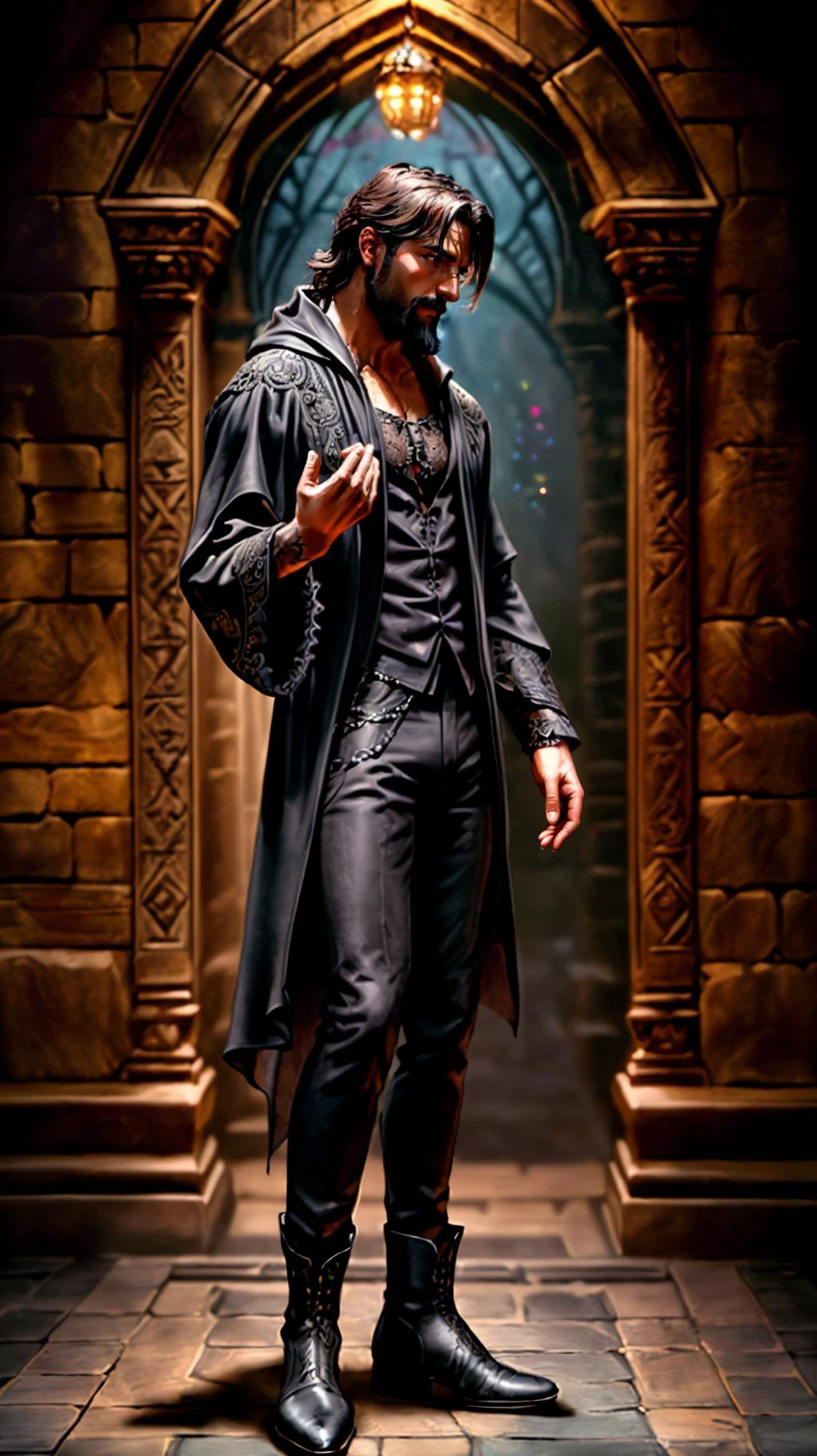 <lora:miguel_bojorquez:1>,as a gothic vampire sorcerer magician,
(((ultra-detailed elegant perfect face))),(jewelry),caramel brown skin,(((intricately detailed black robe))),(((ornate black cotton shirt))),(((full beard))),(((perfect hands))),((deep brown eyes)),((short dark brown hair))((black boots))((black pants)),
(((ancient tomb on background))),
rugged pose,magical atmosphere,(full body),(detailed skin, skin texture),(intricately detailed, fine details, skin texture),
High detail RAW color art,photorealistic,raytracing,subsurface scattering,diffused soft lighting,shallow depth of field,by (Oliver Wetter),by Leonardo da Vinci,photographed on a Canon EOS R5,28mm lens,F/2.8,sharp focus bokeh,
<lora:detail_slider_v4:0.7>,<lora:more_details:0.7>,<lora:epi_noiseoffset2(Better contrast dark images):0.2>,<lora:SnxilluminateV2:0.3>,