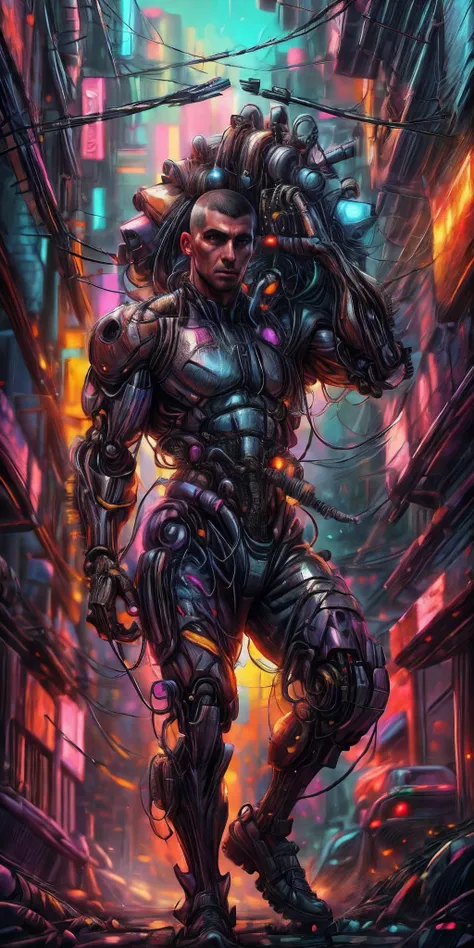 A masculine male Combat Cyborg Predator with a short military style buzz-cut, Cyberpunk, transparent neck, robotic parts, cyberpunk, brown eyes, full face visible, "Blade Runner", hyper-realistic. Rugged cinematic impressionistic picture, ultra detail, film photography, light leaks <lora:xl_more_art-full_v1:1>, <lora:Clothing - ChemPunk Armor:0.4>, <lora:CyberPunkAI:0.5>, <lora:epi_noiseoffset2(Better contrast dark images):0.5>, <lora:SnxilluminateV2:0.4>, <lora:detail_slider_v4:1>, <lora:more_details:1>, <lora:miguel_bojorquez:1>, <lora:ArtfullyFantastic:0.3>, <lora:CineStyle5:0.2>, <lora:CosmicEldritchTech:0.4>