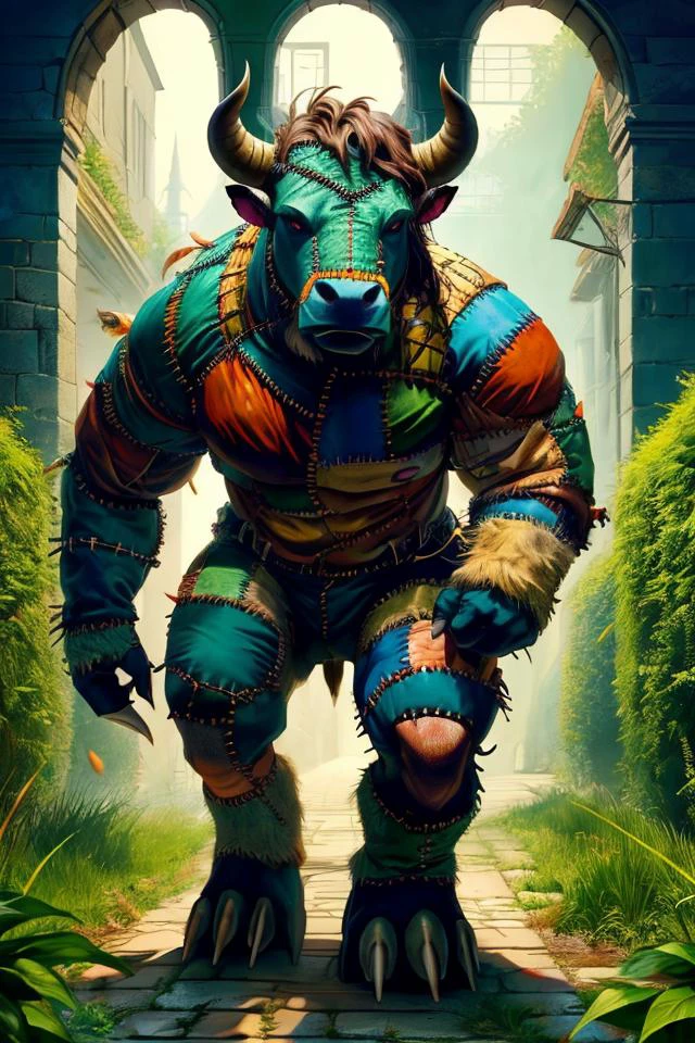 <lora:DonMFr4nk3nst31n-000006:0.8> DonMFr4nk3nst31n patchwork, minotaur, in a maze