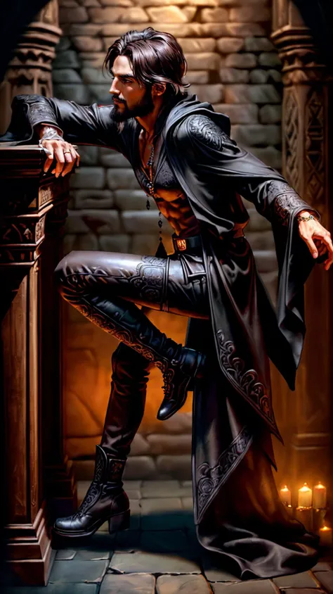 <lora:miguel_bojorquez:1>,as a gothic vampire sorcerer magician,
(((ultra-detailed elegant perfect face))),(jewelry),caramel brown skin,(((intricately detailed black robe))),(((ornate black cotton shirt))),(((full beard))),(((perfect hands))),((deep brown eyes)),((short dark brown hair))((black boots))((black pants)),
(((ancient tomb on background))),
rugged pose,magical atmosphere,(full body),(detailed skin, skin texture),(intricately detailed, fine details, skin texture),
High detail RAW color art,photorealistic,raytracing,subsurface scattering,diffused soft lighting,shallow depth of field,by (Oliver Wetter),by Leonardo da Vinci,photographed on a Canon EOS R5,28mm lens,F/2.8,sharp focus bokeh,
<lora:detail_slider_v4:0.7>,<lora:more_details:0.7>,<lora:epi_noiseoffset2(Better contrast dark images):0.2>,<lora:SnxilluminateV2:0.3>,