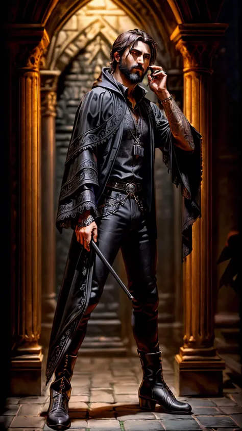 <lora:miguel_bojorquez:1>,as a gothic vampire sorcerer magician,
(((ultra-detailed elegant))),(jewelry),caramel brown skin,(((intricately detailed black robe))),(((ornate black cotton shirt))),(((full beard))),(((perfect hands))),((deep brown eyes)),((short dark brown hair))((black boots))((black pants)),
(((ancient tomb on background))),
rugged pose,magical atmosphere,(full body),(detailed skin, skin texture),(intricately detailed, fine details, skin texture),
High detail RAW color art,photorealistic,raytracing,subsurface scattering,diffused soft lighting,shallow depth of field,by (Oliver Wetter),by Leonardo da Vinci,photographed on a Canon EOS R5,28mm lens,F/2.8,sharp focus bokeh,
<lora:detail_slider_v4:0.7>,<lora:more_details:0.7>,<lora:epi_noiseoffset2(Better contrast dark images):0.2>,<lora:SnxilluminateV2:0.3>,