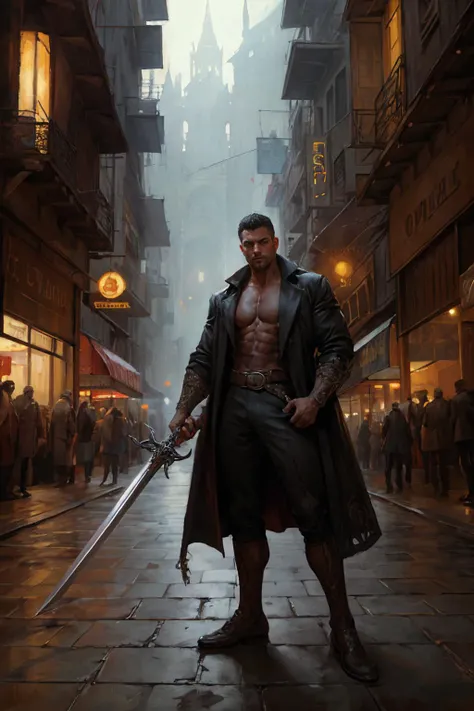 an erudite guy dressed like it's 1942, wearing long coat, holding ornate sword, city street, muscular, dynamic pose, masterpiece, intricate details, (surreal), (oil painting \(medium\)), fantasy art, concept art, by greg rutkowski