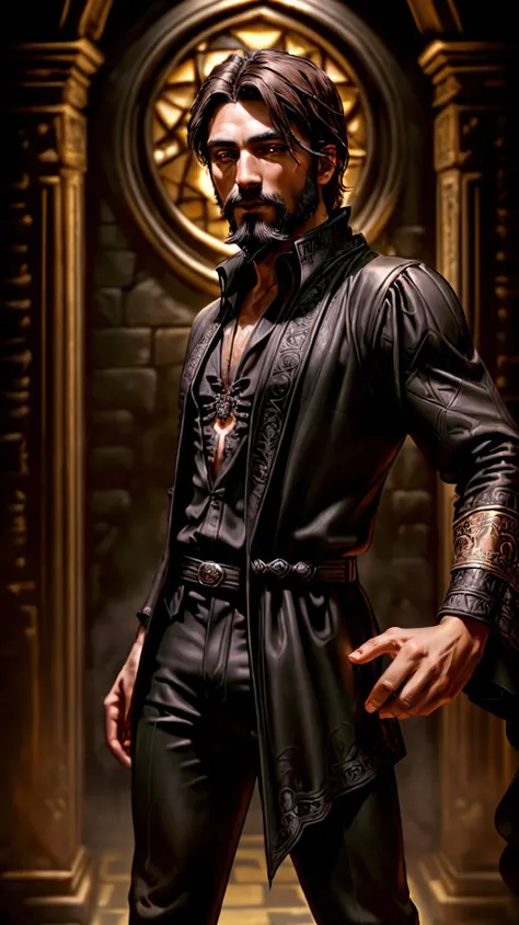 <lora:miguel_bojorquez:1>,as a gothic vampire sorcerer magician,
(((ultra-detailed elegant))),(jewelry),caramel brown skin,(((intricately detailed black robe))),(((ornate black cotton shirt))),(((full beard))),(((perfect hands))),((deep brown eyes)),((short dark brown hair))((black boots))((black pants)),
(((ancient tomb on background))),
rugged pose,magical atmosphere,(full body),(detailed skin, skin texture),(intricately detailed, fine details, skin texture),
High detail RAW color art,photorealistic,raytracing,subsurface scattering,diffused soft lighting,shallow depth of field,by (Oliver Wetter),by Leonardo da Vinci,photographed on a Canon EOS R5,28mm lens,F/2.8,sharp focus bokeh,
<lora:detail_slider_v4:0.7>,<lora:more_details:0.7>,<lora:epi_noiseoffset2(Better contrast dark images):0.2>,<lora:SnxilluminateV2:0.3>,