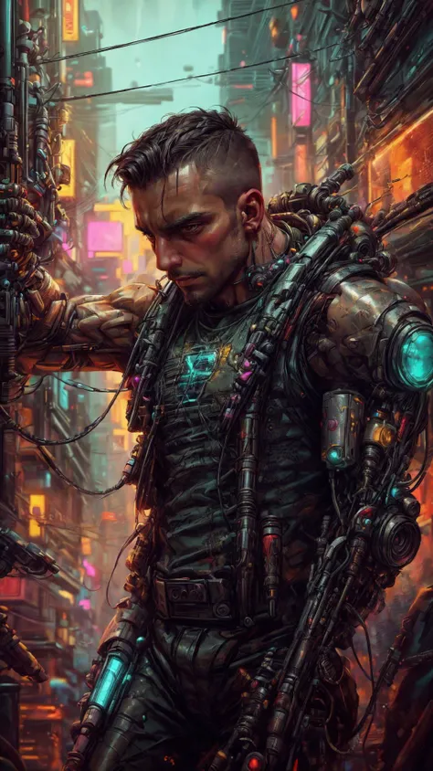 (GS-Masculine:1.3),<lora:miguel_bojorquez:1>,as a masculine male Combat Cyborg Predator with a short military style buzz-cut,Cyberpunk,transparent neck,robotic parts,cyberpunk,brown eyes,full face visible,"Blade Runner",hyper-realistic. Rugged cinematic impressionistic picture. Cyberpunk,neon,Dark dramatic character,in the style of Jeremy Mann and Charles Dana Gibson,Mark Demsteader,Paul Headley.,haze,ultra detail,film photography,light leaks,Larry Bad Melman,artstation trends,sharp focus,studio photography,intricate details,highly detailed,Greg Rutkowski,<lora:xl_more_art-full_v1:1>,<lora:Clothing - ChemPunk Armor:0.4>,<lora:CyberPunkAI:0.5>,<lora:epi_noiseoffset2(Better contrast dark images):0.5>,<lora:SnxilluminateV2:0.4>,<lora:detail_slider_v4:1>,<lora:more_details:1>,