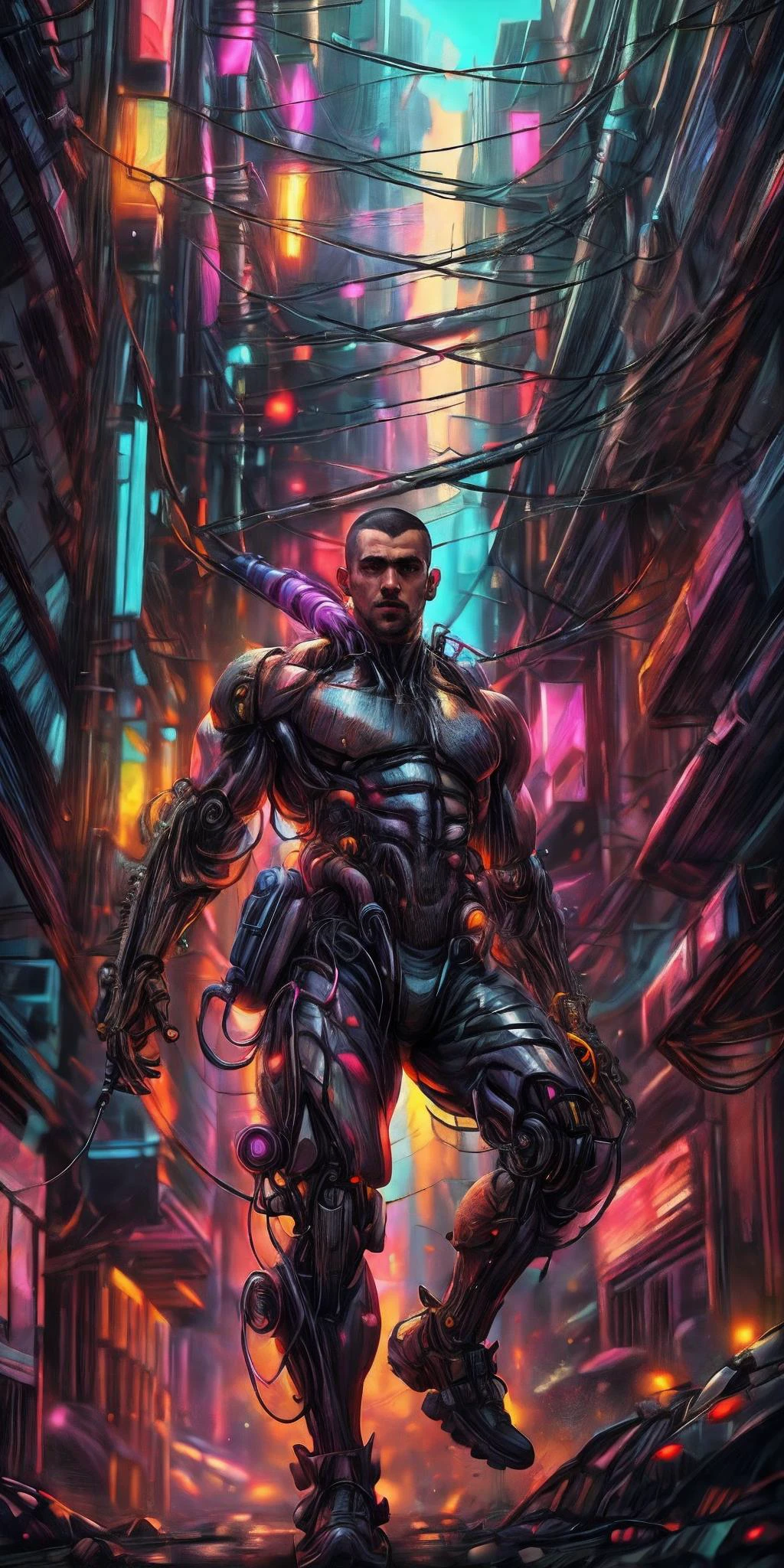 A masculine male Combat Cyborg Predator with a short military style buzz-cut, Cyberpunk, transparent neck, robotic parts, cyberpunk, brown eyes, full face visible, "Blade Runner", hyper-realistic. Rugged cinematic impressionistic picture, ultra detail, film photography, light leaks <lora:xl_more_art-full_v1:1>, <lora:Clothing - ChemPunk Armor:0.4>, <lora:CyberPunkAI:0.5>, <lora:epi_noiseoffset2(Better contrast dark images):0.5>, <lora:SnxilluminateV2:0.4>, <lora:detail_slider_v4:1>, <lora:more_details:1>, <lora:miguel_bojorquez:1>, <lora:ArtfullyFantastic:0.3>, <lora:CineStyle5:0.2>, <lora:CosmicEldritchTech:0.4>