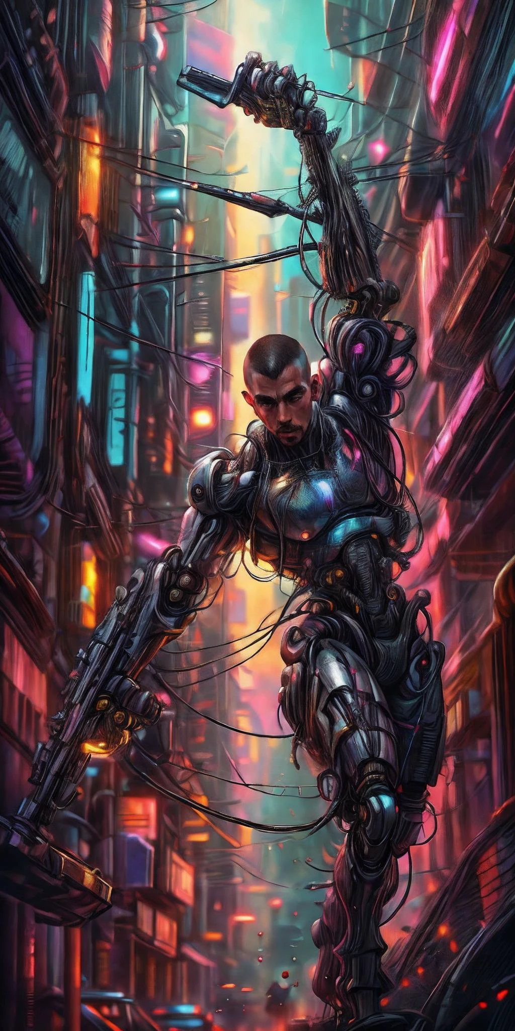 A masculine male Combat Cyborg Predator with a short military style buzz-cut, Cyberpunk, transparent neck, robotic parts, cyberpunk, brown eyes, full face visible, "Blade Runner", hyper-realistic. Rugged cinematic impressionistic picture, ultra detail, film photography, light leaks <lora:xl_more_art-full_v1:1>, <lora:Clothing - ChemPunk Armor:0.4>, <lora:CyberPunkAI:0.5>, <lora:epi_noiseoffset2(Better contrast dark images):0.5>, <lora:SnxilluminateV2:0.4>, <lora:detail_slider_v4:1>, <lora:more_details:1>, <lora:miguel_bojorquez:1>, <lora:ArtfullyFantastic:0.3>, <lora:CineStyle5:0.2>, <lora:CosmicEldritchTech:0.4>