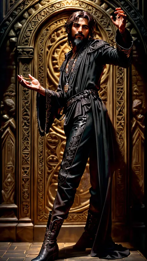 <lora:miguel_bojorquez:1>,as a gothic vampire sorcerer magician,
(((ultra-detailed elegant perfect face))),(jewelry),caramel brown skin,(((intricately detailed black robe))),(((ornate black cotton shirt))),(((full beard))),(((perfect hands))),((deep brown eyes)),((short dark brown hair))((black boots))((black pants)),
(((ancient tomb on background))),
rugged pose,magical atmosphere,(full body),(detailed skin, skin texture),(intricately detailed, fine details, skin texture),
High detail RAW color art,photorealistic,raytracing,subsurface scattering,diffused soft lighting,shallow depth of field,by (Oliver Wetter),by Leonardo da Vinci,photographed on a Canon EOS R5,28mm lens,F/2.8,sharp focus bokeh,
<lora:detail_slider_v4:0.7>,<lora:more_details:0.7>,<lora:epi_noiseoffset2(Better contrast dark images):0.2>,<lora:SnxilluminateV2:0.3>,