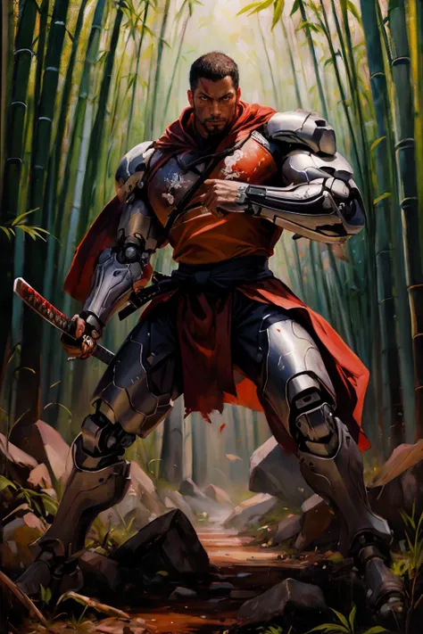 a male (cyborg) samurai, red torn half cape, holding katana, a red sunset landscape, in a bamboo forest, muscular, realistic, cinematic, best quality, detailed background, depth of field, intricate details, dynamic pose, dynamic angle