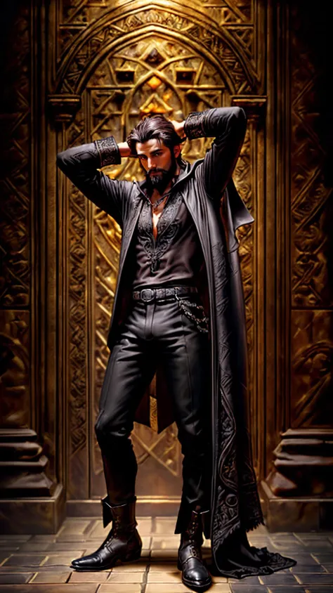 <lora:miguel_bojorquez:1>,as a gothic vampire sorcerer magician,
(((ultra-detailed elegant perfect face))),(jewelry),caramel brown skin,(((intricately detailed black robe))),(((ornate black cotton shirt))),(((full beard))),(((perfect hands))),((deep brown eyes)),((short dark brown hair))((black boots))((black pants)),
(((ancient tomb on background))),
rugged pose,magical atmosphere,(full body),(detailed skin, skin texture),(intricately detailed, fine details, skin texture),
High detail RAW color art,photorealistic,raytracing,subsurface scattering,diffused soft lighting,shallow depth of field,by (Oliver Wetter),by Leonardo da Vinci,photographed on a Canon EOS R5,28mm lens,F/2.8,sharp focus bokeh,
<lora:detail_slider_v4:0.7>,<lora:more_details:0.7>,<lora:epi_noiseoffset2(Better contrast dark images):0.2>,<lora:SnxilluminateV2:0.3>,