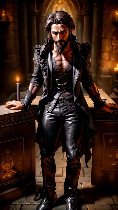 <lora:miguel_bojorquez:1>,as a gothic vampire sorcerer magician,
(((ultra-detailed elegant))),(jewelry),caramel brown skin,(((intricately detailed black robe))),(((ornate black cotton shirt))),(((full beard))),(((perfect hands))),((deep brown eyes)),((short dark brown hair))((black boots))((black pants)),
(((ancient tomb on background))),
rugged pose,magical atmosphere,(full body),(detailed skin, skin texture),(intricately detailed, fine details, skin texture),
High detail RAW color art,photorealistic,raytracing,subsurface scattering,diffused soft lighting,shallow depth of field,by (Oliver Wetter),by Leonardo da Vinci,photographed on a Canon EOS R5,28mm lens,F/2.8,sharp focus bokeh,
<lora:detail_slider_v4:0.7>,<lora:more_details:0.7>,<lora:epi_noiseoffset2(Better contrast dark images):0.2>,<lora:SnxilluminateV2:0.3>,